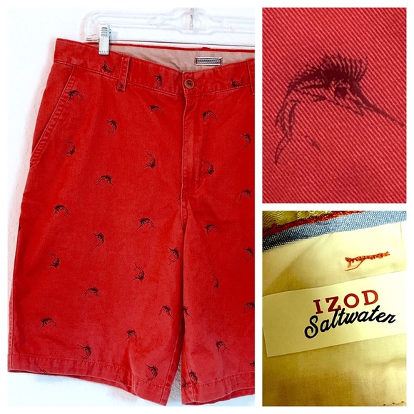 IZOD Saltwater Marlin All Over Print Red Shorts - Picture 2 of 6